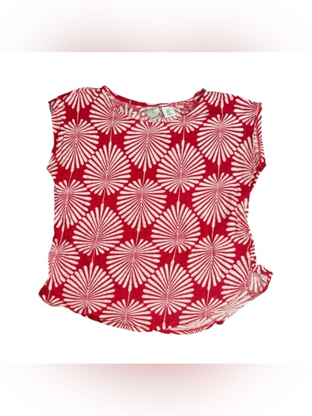 Joie Red Short-Sleeve Floral Fan Print Tee 100% Linen Decorative Blouse T-Shirt